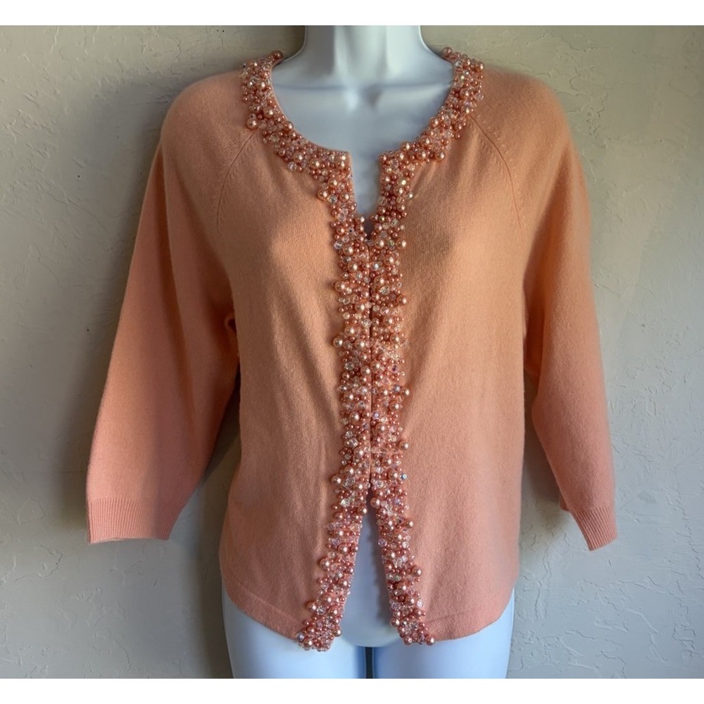 Vintage Y2K Cynthia Steffe 100% Cashmere Cardigan Sweater L Beaded Coquette